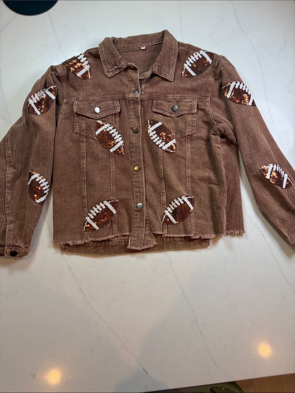 Brown Corduroy Jacket with Sequin Footballs